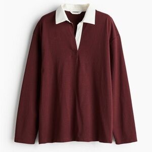 H&M oversized rugby long sleeve shirt maroon with white collar preppy 
polo
